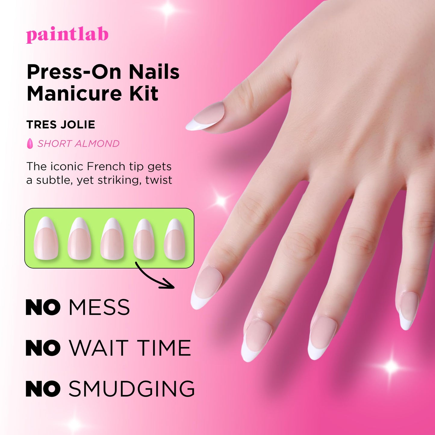 PaintLab Press On Nails - Tres Jolie Short Almond Fake Nails, French Tip, 30 Nails in 15 Sizes with Glue, Reusable Salon Quality Press On Nails