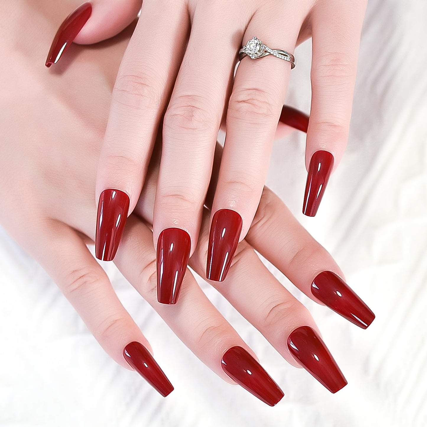 iBeautying Press on Nails - Christmas Chinese Red Solid Color False Nails | Ballerina Long Coffin Reusable Fake Nails in 10 Sizes - 24 Nail Kit with Jelly Glue Pad