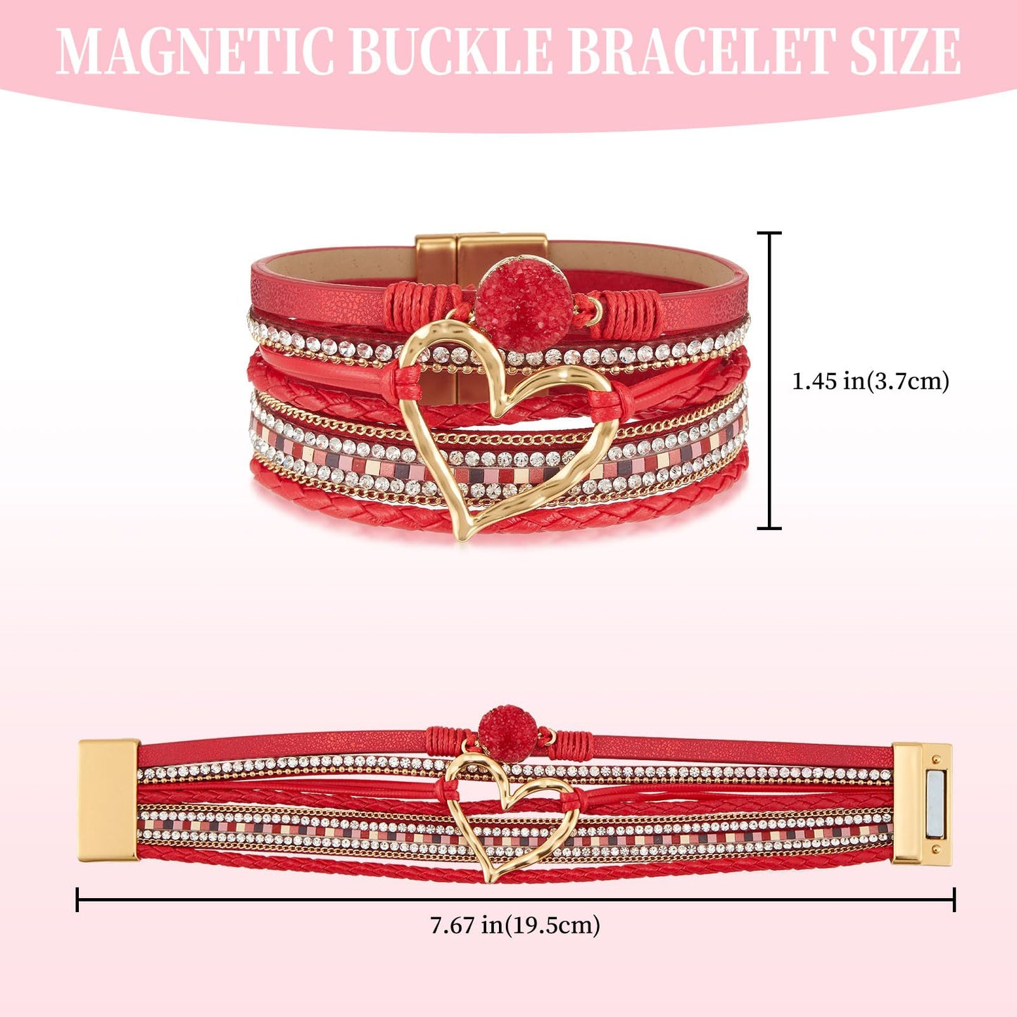 QIUTIMIY Leather Bracelets for Women Trendy Boho Cuff Bracelet Layered Bangle with Clasp Hand Wrist Jewelry Western(Style 6-Red)