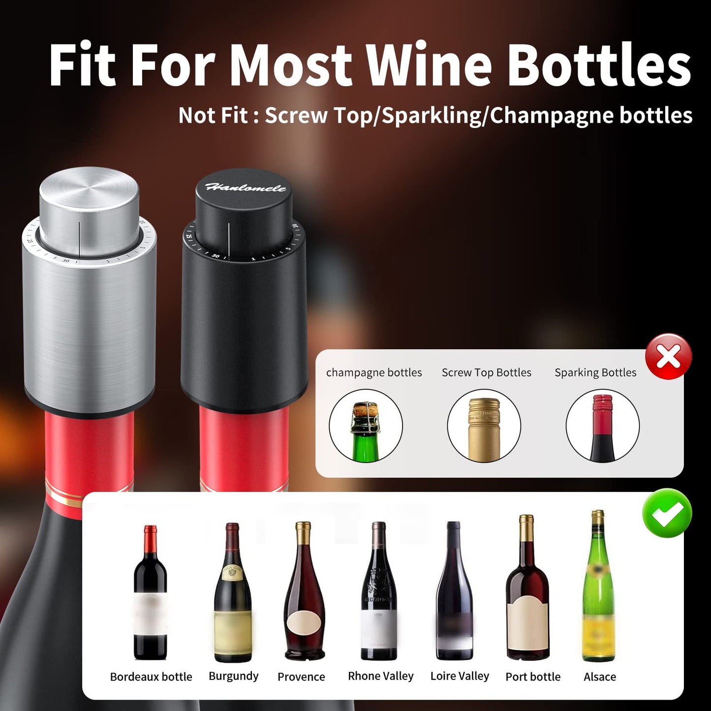 [2 PACK]Wine Bottle Stoppers，2-in-1 Vacuum Wine Stopper，1 Stainless Steel (Silver) and 1 ABS(Black) Wine Savers, Reusable Wine Preserver, Vacuum Pump Corks Keep Wine Fresh, Best Gift Accessories.