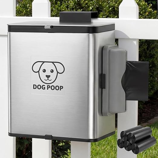 Ferrochef Dog Poop Trash Can Outside, 2.1 Gallon Dog Waste Container with Trash Bag Dispenser, Outdoor Pet Poop Bucket with Lid, Black Hanging Waste Container with Bags for Fence, Garbage, CounterTop