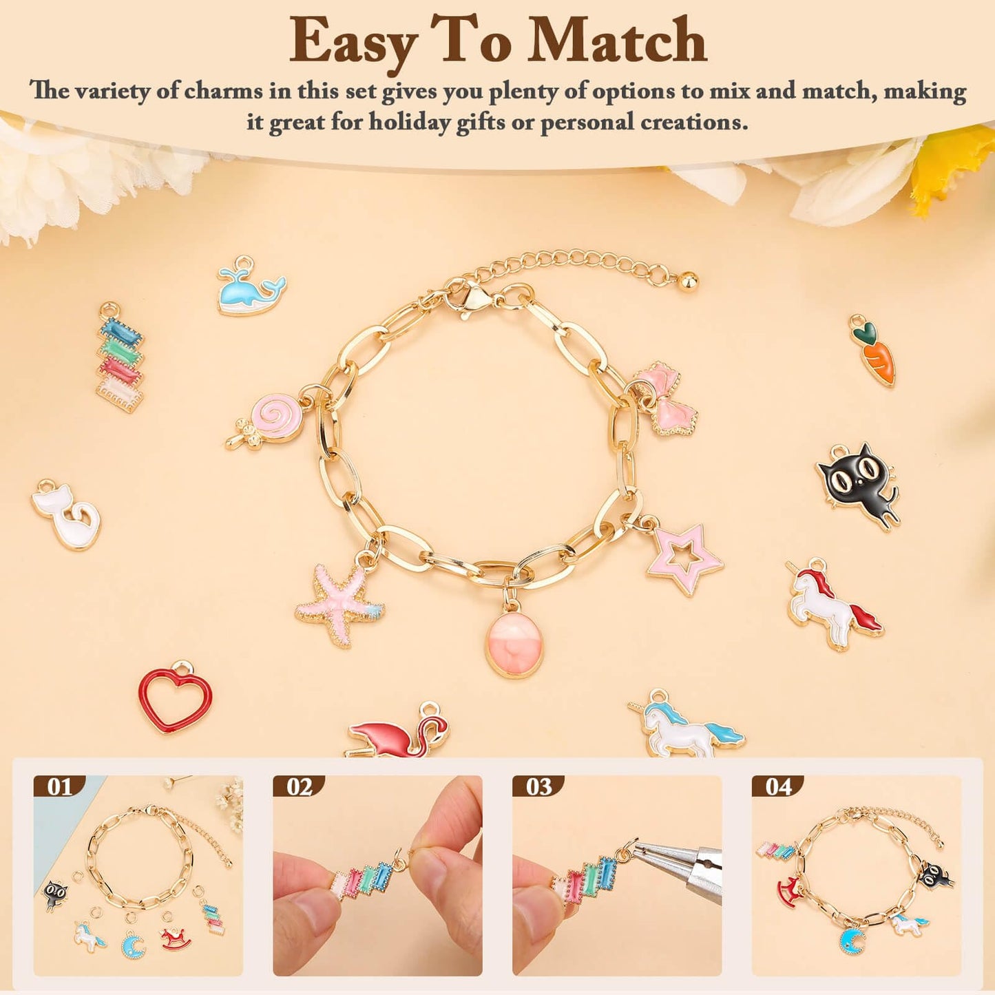 Flasoo 416 Pieces Gold Charm Bracelet Making Kit, Including Paperclip Chain Bracelets, Charms, Jump Rings for Jewelry Making