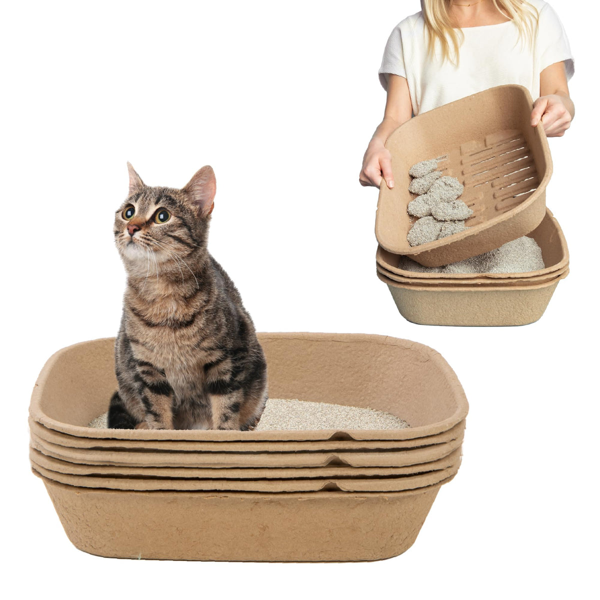 Kitty Sift Disposable Cat Litter Box Jumbo, 6 Count, Durable and Portable for Travel and Home, Eco-Friendly Disposable Litter Box Controls Odor