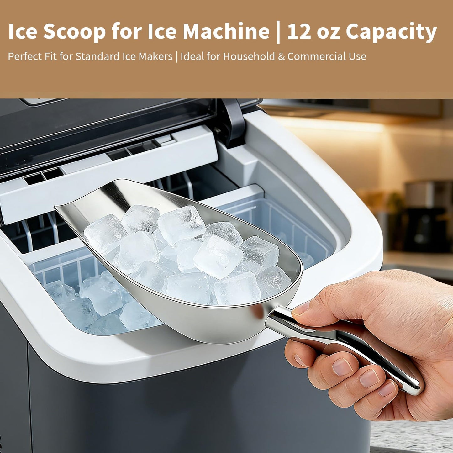 12 Oz 304 Stainless Steel Ice Scoop for Freezer & Ice Machine – Heavy Duty Metal Scooper, Dishwasher Safe, Multi-Purpose for Kitchen, Bar, Party, Wedding (Ice, Flour, Dry Goods)