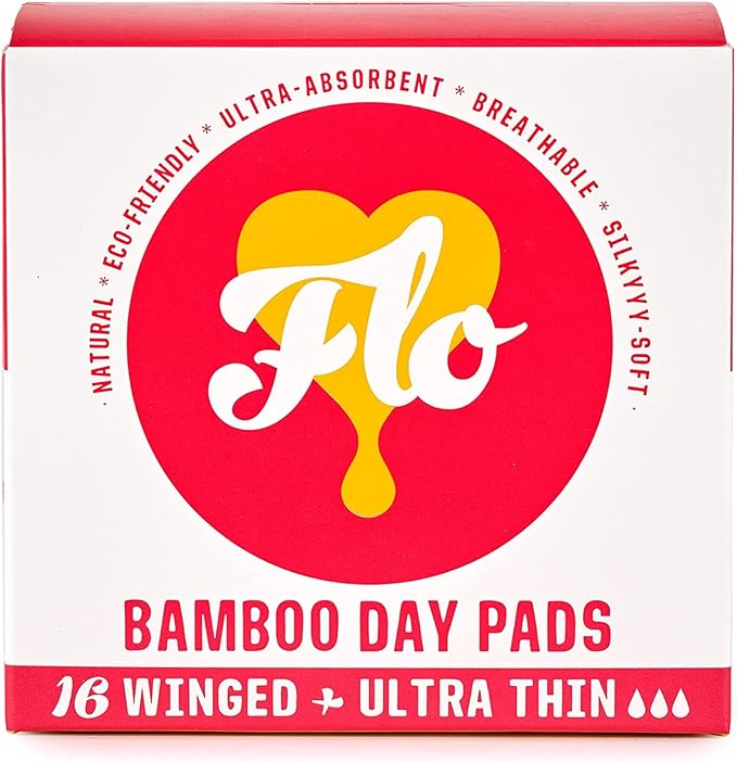 Flo Bamboo Day Period Pads with Wings (16 Pads) - Super Absorbent, Soft, Thin