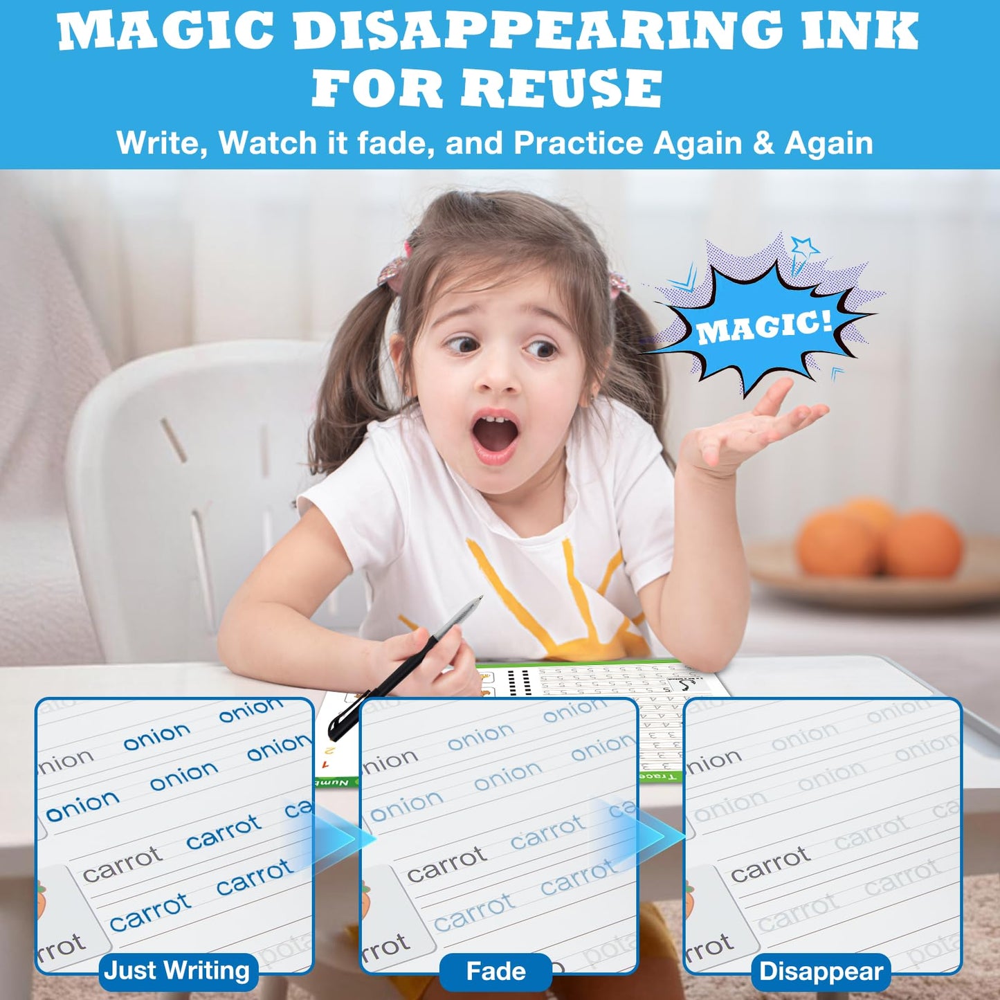 Hoarecal Magic Grooved Writing Practice Book for Kids Ages 3–8, 6 Reusable Handwriting Practice Books with 6 Pens, 12 Refills, 3 Soft Grips, Preschool Learning Activities Gifts for Boys and Girls