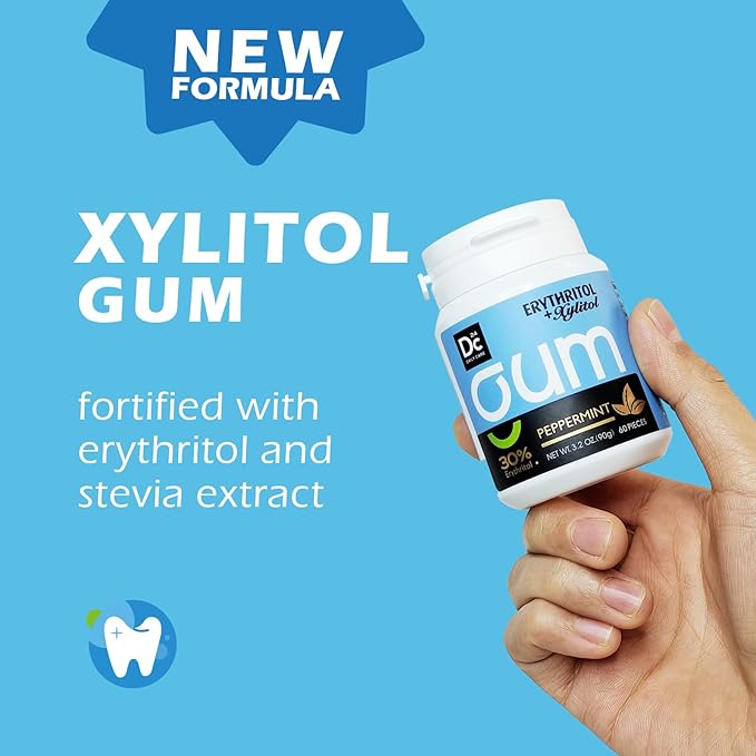 DC24 DAILY CARE Xylitol Chewing Gum with Erythritol, Aspartame Free & Sugar Free Gum, Low-Calorie, Sugarless, Natural Peppermint, 60-Piece Pack, 4 Packs