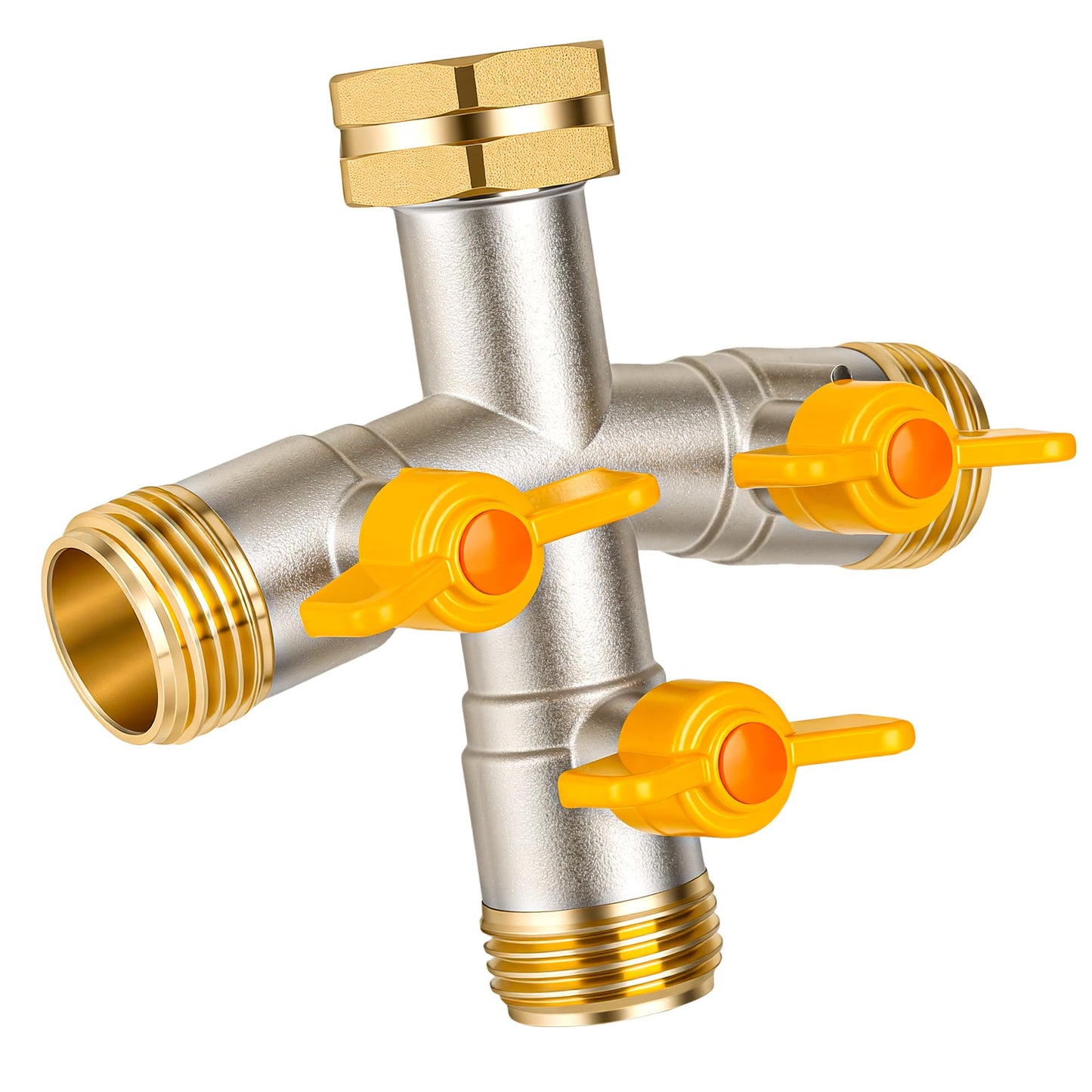 DINGBAI Hose Splitter 3 Way, High Flow Garden Hose Splitter, 3/4” Ght Inlet Brass Heavy Duty Hose Converter, water 3 Way Faucet hose splitter, Long Handle Hose Valve Large Outlet.