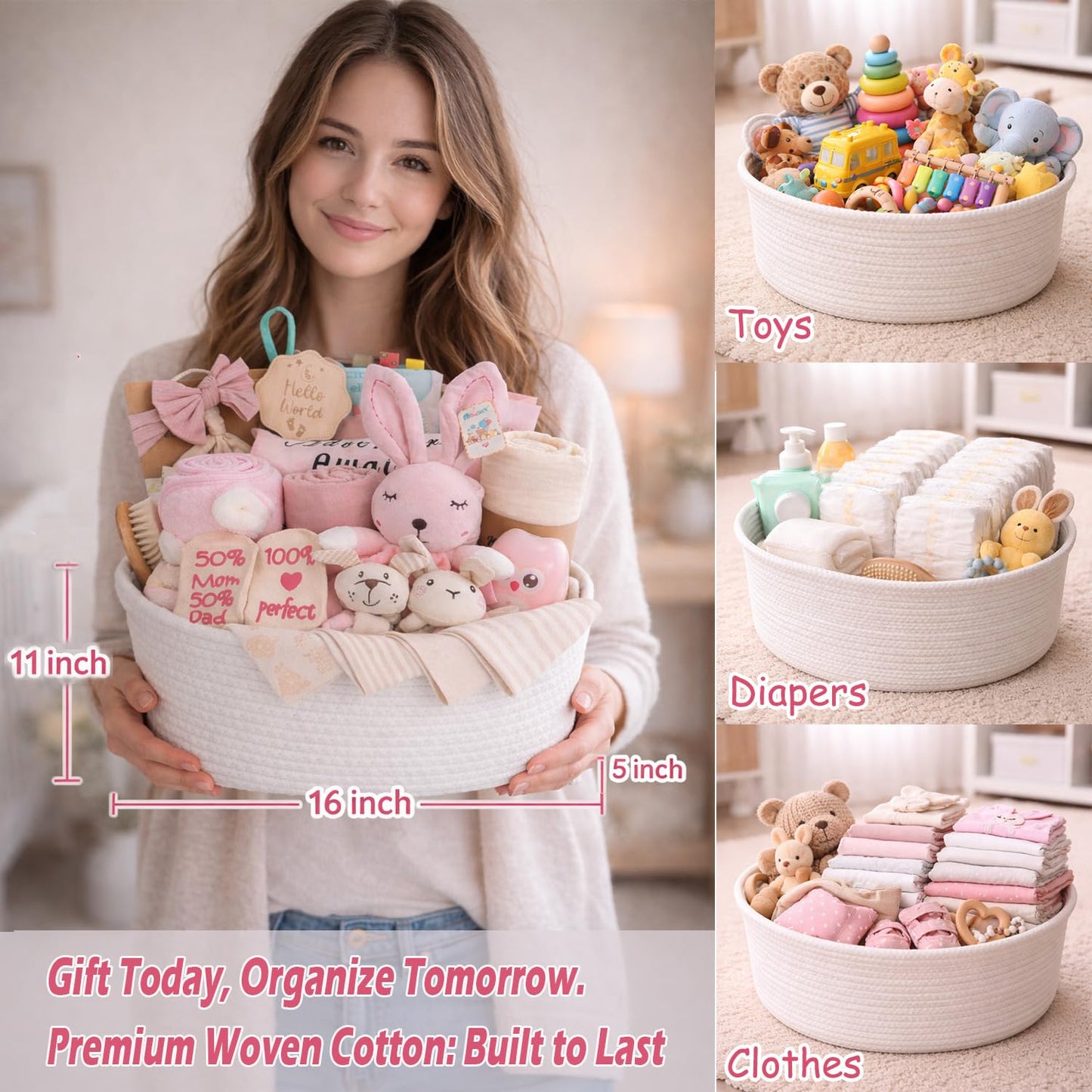 27-Piece Baby Girl Shower Gift Basket Set - Newborn Essentials, Large Pink Gift Basket With Rattle, Swaddle, Diaper Caddy Organizer