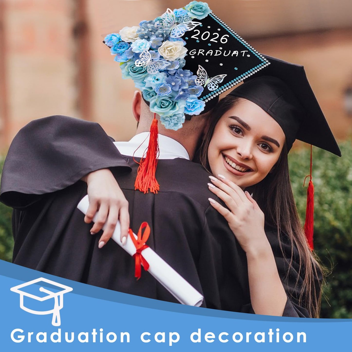 60 PCS Graduation Cap Decorations 2026Graduation Cap Decorations Kit 3DButterfly Stickers Graduation Cap Flowers DIY Graduation Cap Decorations Kit Graduation Party (Blue)