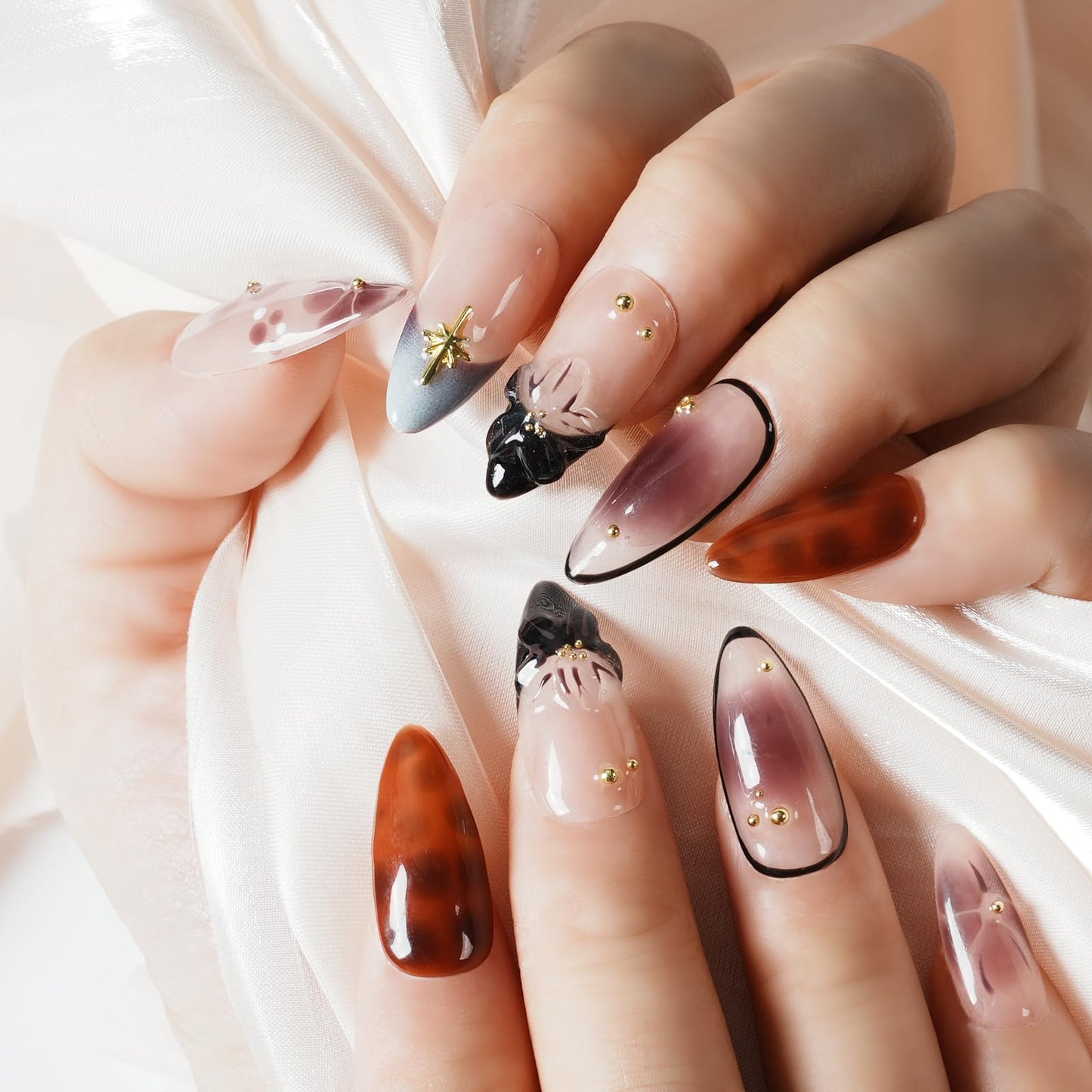 Tesytto 3D Floral Press on Nails Medium Almond - Handmade Nude Brown Gradient, Gold Charms Luxury Glossy Reusable Fake Nails (Dusk Pastel Gradient Flowers, L)