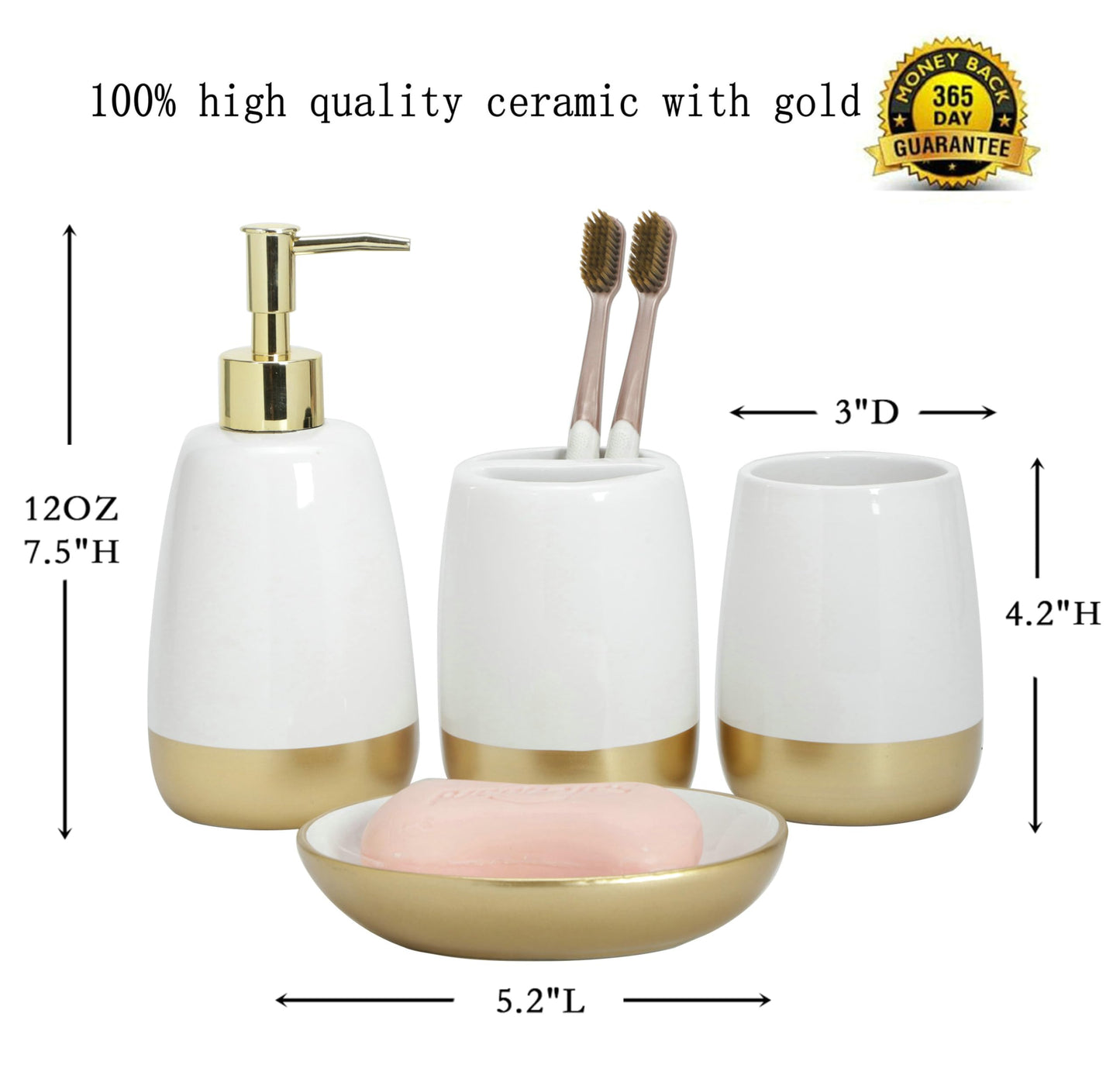 Elegant White with Gold Bathroom accesory Set 4pc,Toothbrush Holder soap Dispenser soap Dish Tumbler Cup for Bathroom Decor Morden Style (White 2)