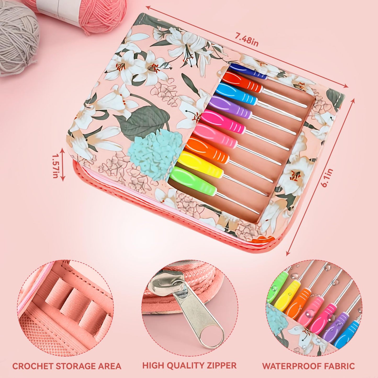 Dasonwin 60-Piece Ergonomic Crochet Hooks Set with Travel Case - Aluminum Crochet Needles Kit for Beginners & Experts, Arthritis-Friendly Design, Includes Stitch Markers & Accessories (Pink)