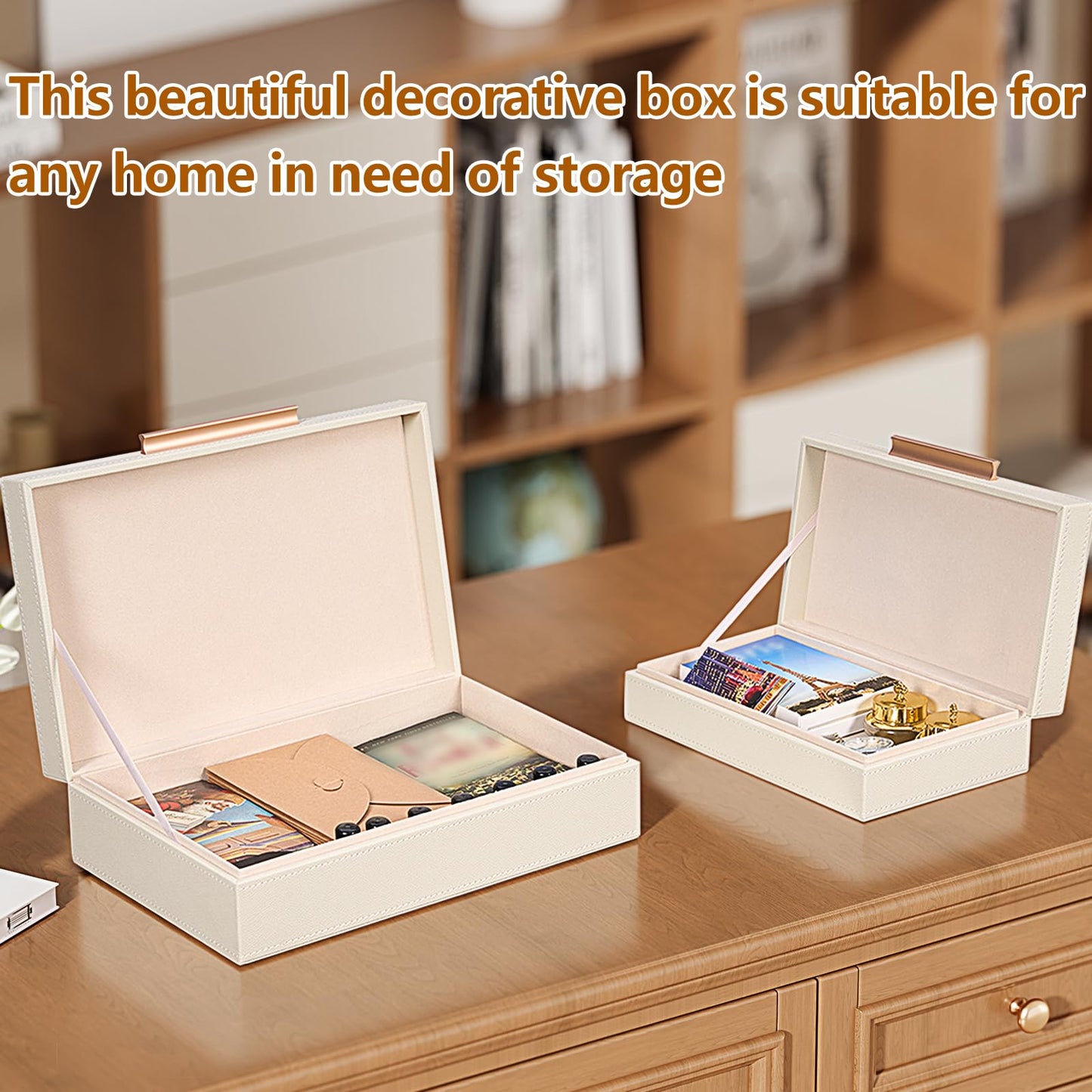 YUNSCEND Decorative Boxes with Lids 2-Set, Memory Box for Keepsakes, Saving Space, Beautiful PU Leather Keepsake Box, Decorative Storage Boxes with Gold Metal Handles Store Photos, Documents White