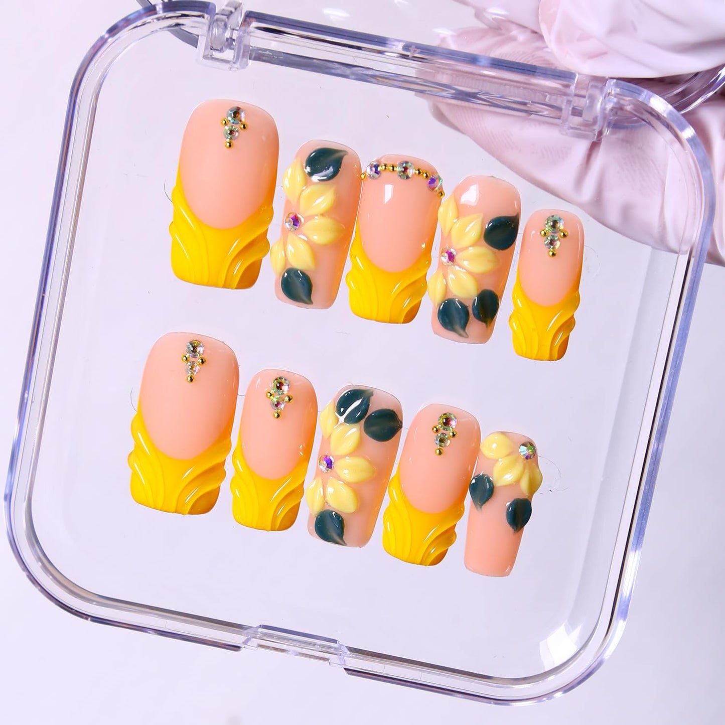 MXYIYANR Press on Nails Square Fake Nails,Spring French Tip False Nails with 3D Design False Fingernails, Glossy Full Cover Stick on Nails for Women Manicure 10 Pcs (S)