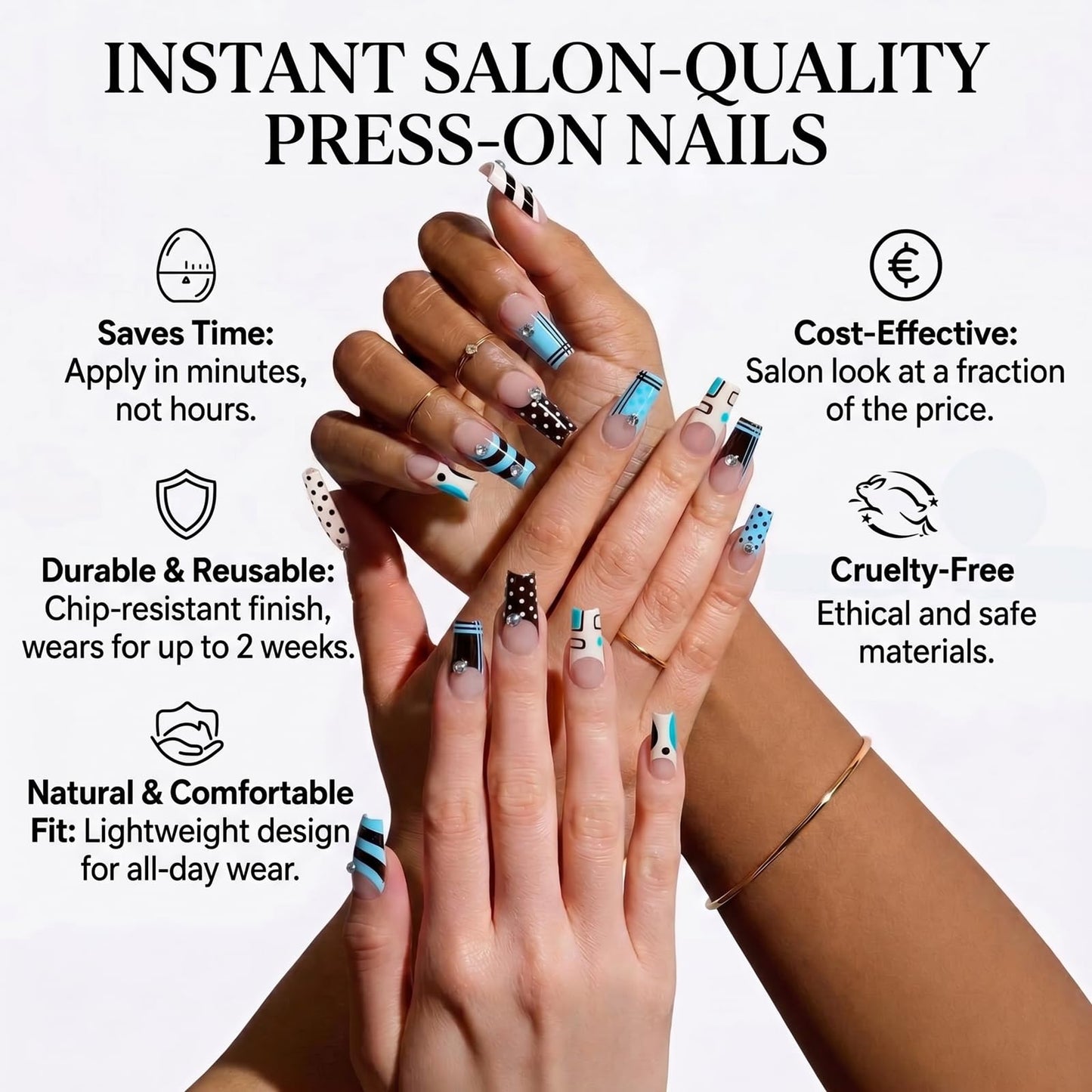 IMSOHOT Square Press on Nails, Long Fake Nails, Blue Geometric Polka Dot 3D Charm Design, 24 Pcs Reusable Glue on Nails for Women, Salon Quality