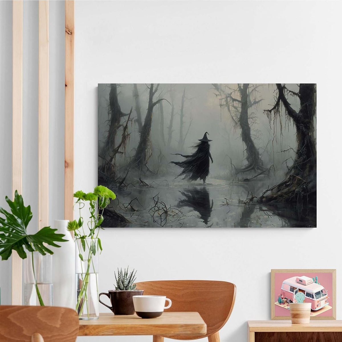 Vintage rustic swamp witch poster dark moody wall art gothic horror season halloween print for home decor retro dark moody painting16x24in Wood Framed