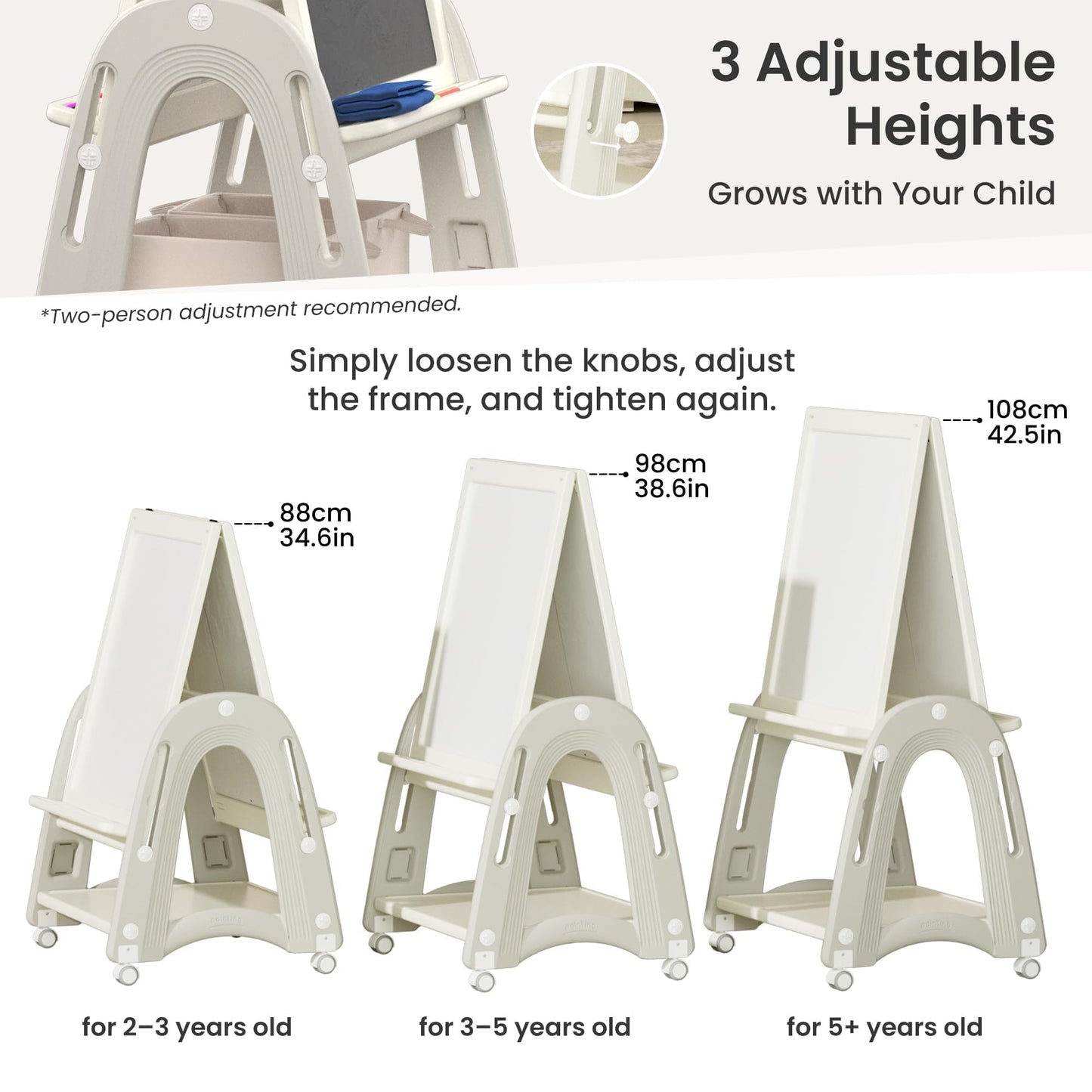 hoopyosms Art Easel for Kids 2-4 with Wheels, Whiteboard, Chalkboard & Paper Roll Adjustable Height 3-in-1 Toddler Easel for 2-4 Year Old Painting Easel for Kids with Storage & Accessories, Grey