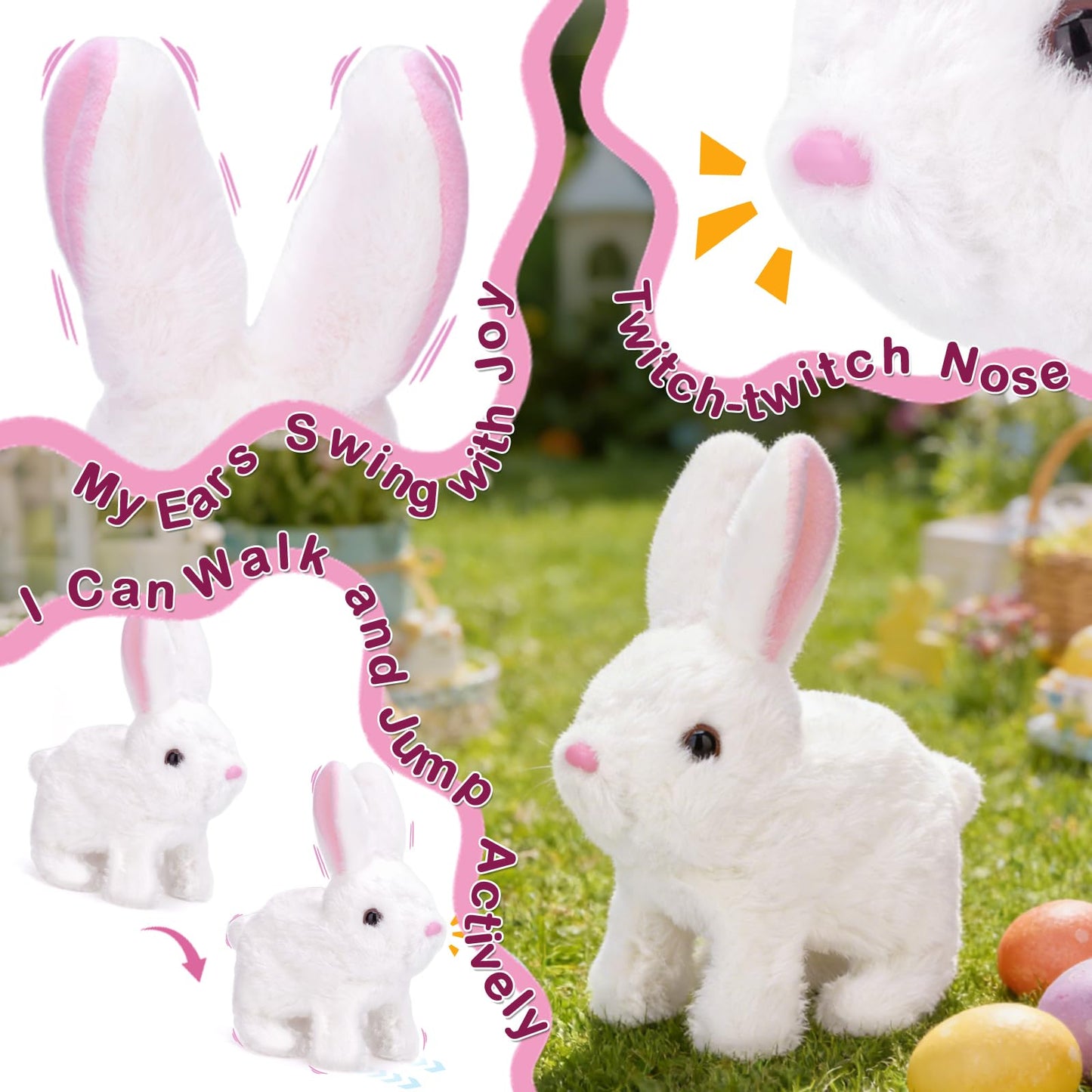 Realistic Bunny Toy, Easter Educational Interactive Bunny Toy, Plush Bunny Hopping Rabbit with Sounds and Movements, Twitching Mouth and Nose, and Wiggling Ears (White)
