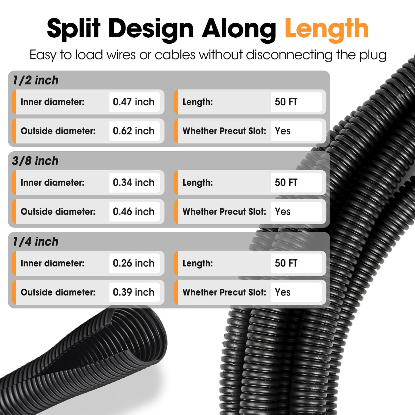 Wire Loom 1/4", 1/2", 3/8 Inch x 50 FT, Split Wire Loom Tubing Wire Conduit, Cable Sleeves Bulk Flexible Electrical Conduit Protective kit