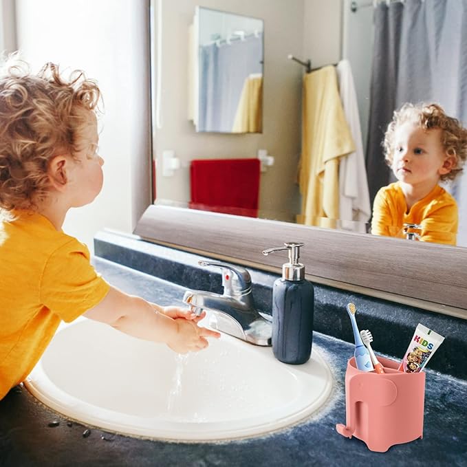RyanLemon Elephant Toothbrush Holder for Toddler, Suction Cup Cute Toothbrush Holder for Kids, for Bathroom, with 3 Slots and 1 Hook, Watermelon Red
