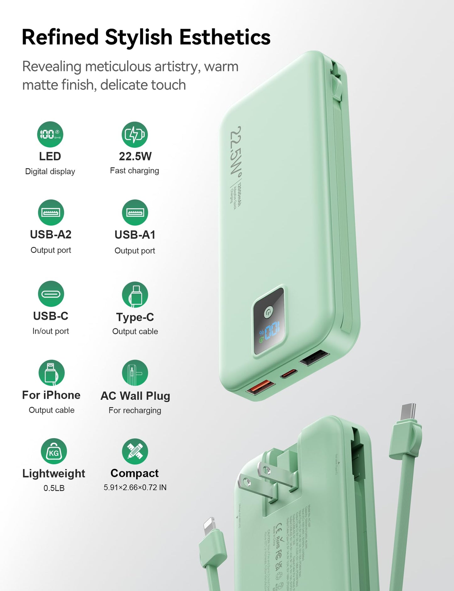 Portable Charger, 12000mAh 22.5W Fast Charging Power Bank with Built-in Cables & Wall Plug, Travel Essentials Battery Pack with LED Display, USB C External Battery Bank for iPhone iPad, Samsung Green