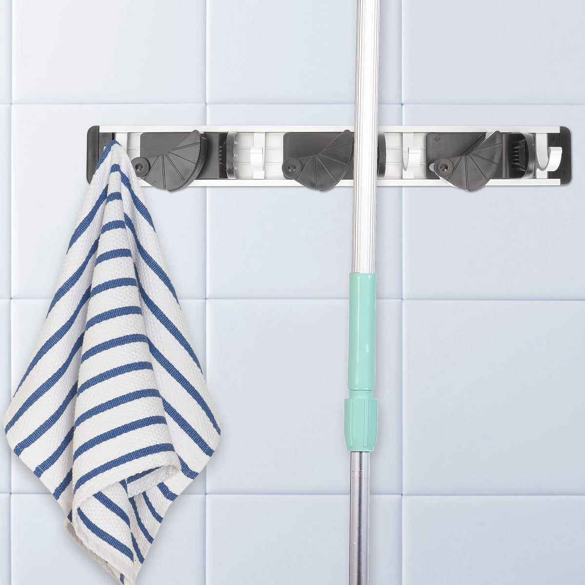 Space Aluminum Broom Holder Wall Mounted Mop Rack with 4 Hooks Nail