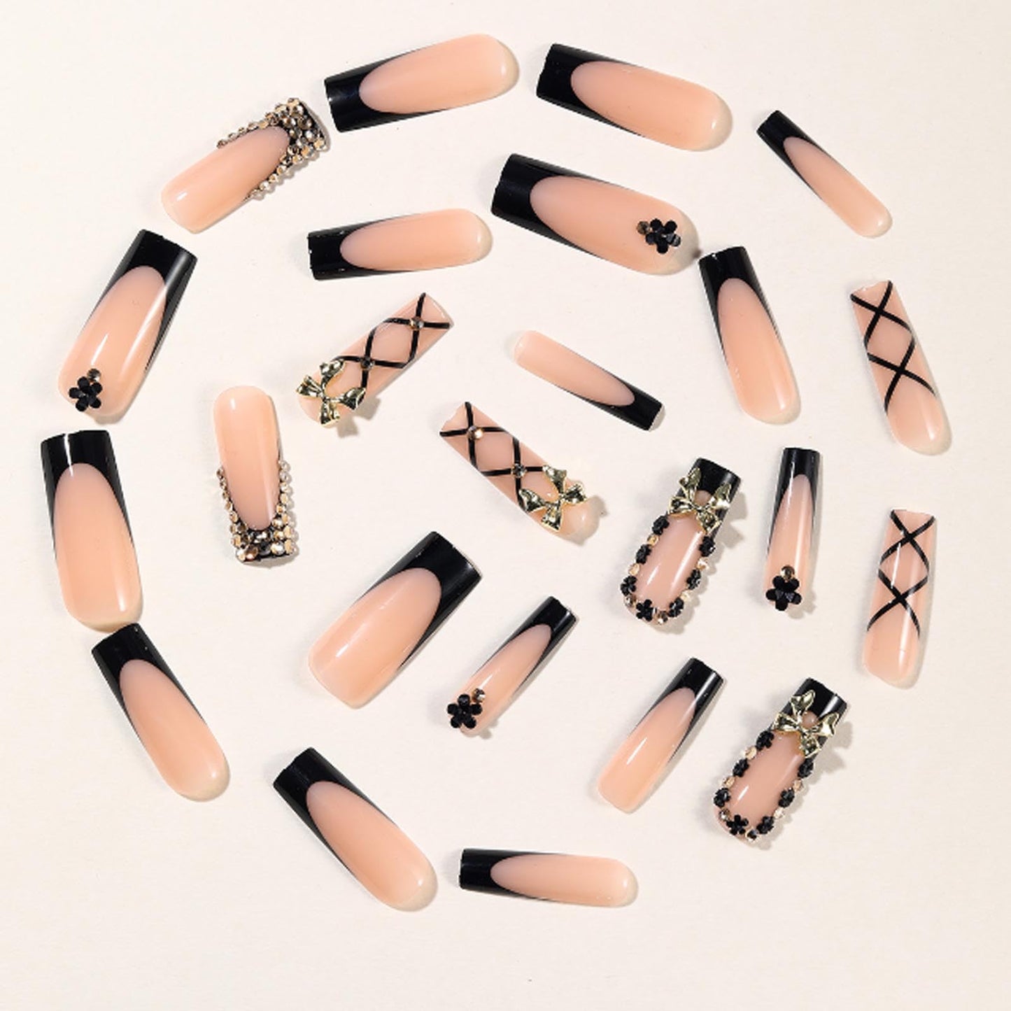 Hkanlre Long Press on Nails French Tips Full Cover Rhinestones False Nails Coffin Fake Bow Nails French for Women 24PCS