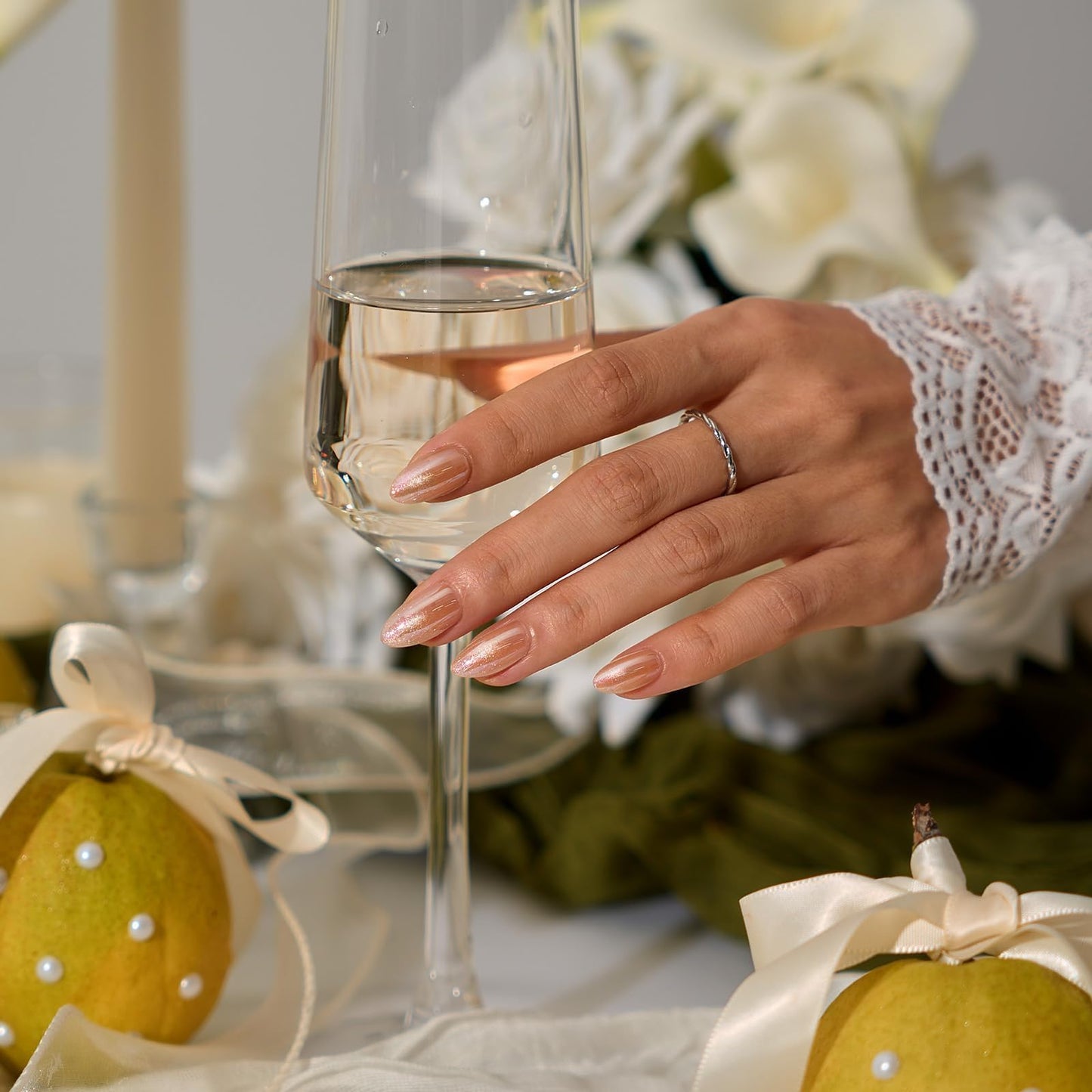 BTArtbox Press On Nails Short - Champagne Mood, Easy-to-Apply Chrome Nude Almond Press On Nails with Glue and Adhesive Tabs in 16 Sizes - 32 Nails All-in-One Kit