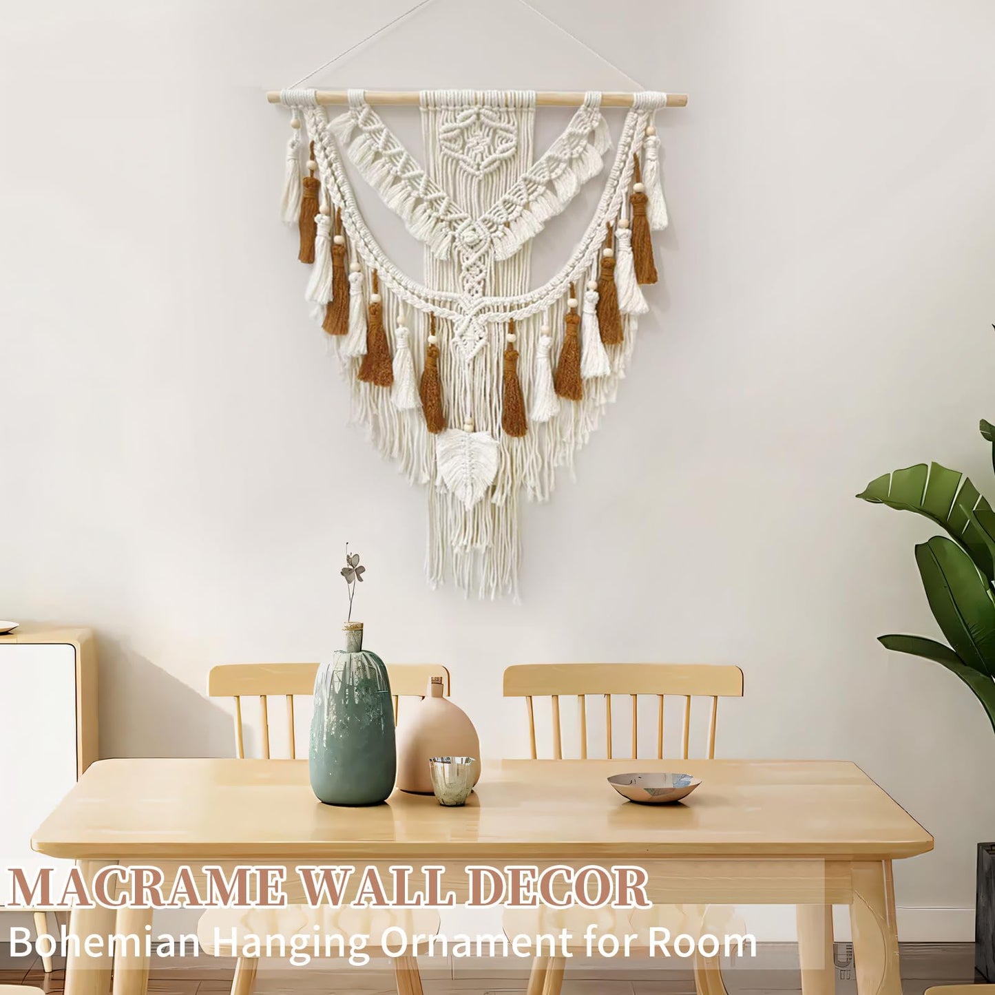 lokeisna Macrame Wall Hanging, Woven Tapestry Beige & Dusty Rose Handmade Craft Macrame Wall Room Decor, Gallery & Nursery, Size 37.4” Lx27.5” W