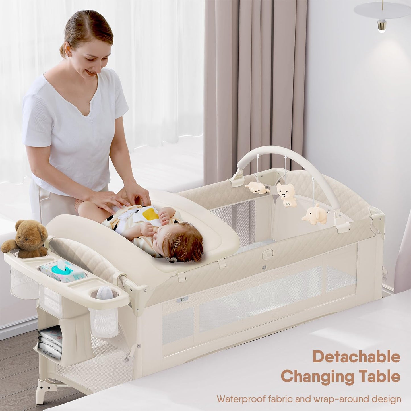 Obee Odee 4 in 1 Baby Bassinet, Pack and Play, Bedside Crib Sleeper, Diaper Changer - Comes with Mattress, Mosquito Net, Bottom Storage and Toy Bar for Newborn to Toddles