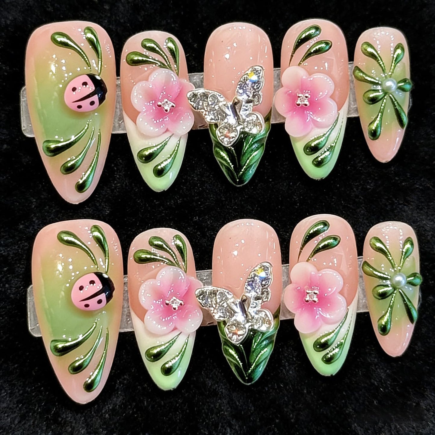 Luxury Press on Nails Medium Almond Handmade 3D Unique Reusable Gradient Flowers Fake Nails French Tip False Nails with Designs Butterfly Glossy Glue on Nail Thick Acrylic Nail for Women10Pcs（S)