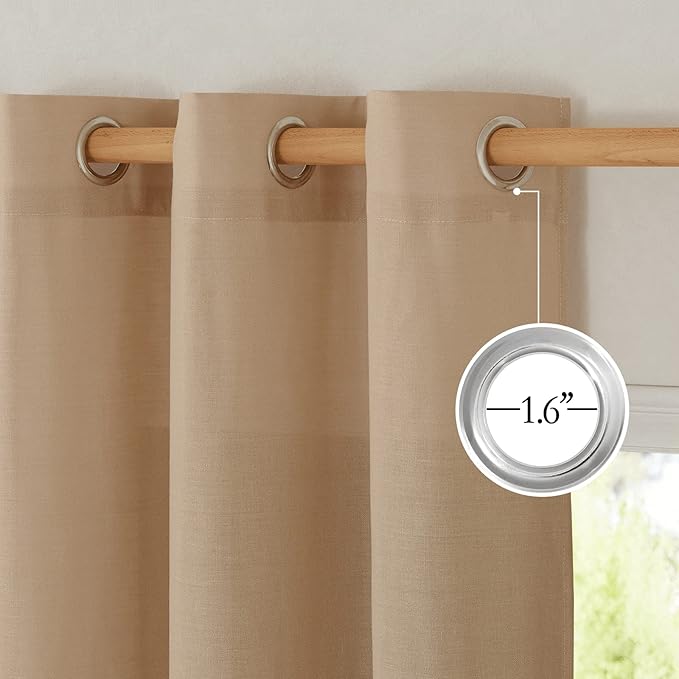 NICETOWN Linen Curtains for Windows 90 inch Long, Grommet Semi Sheer Vertical Drapes Privacy Added with Light Filtering for Doorway/Living Room, Camel, W42 x L90, 2 Pieces