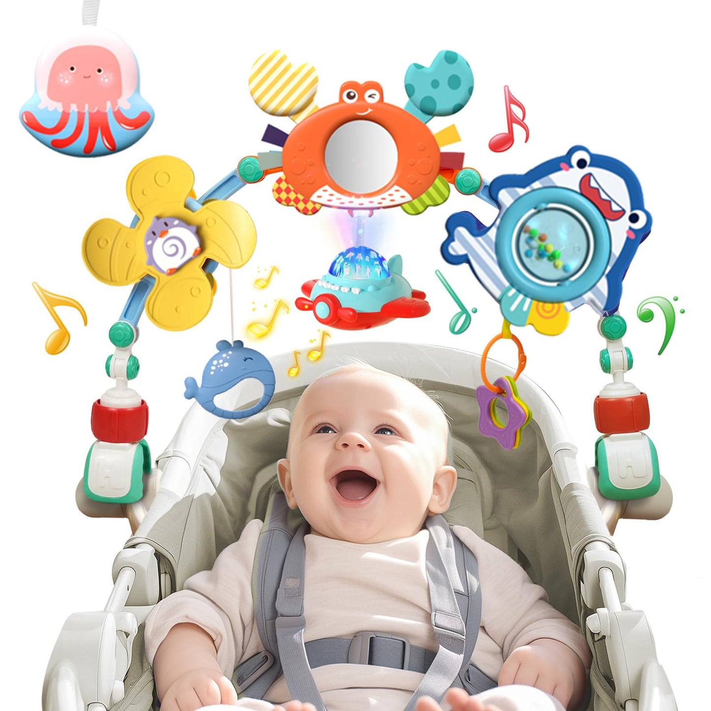 qesfir Musical Baby Stroller Arch, Travel Car Seat Toys, Baby Play Arch Crib Accessory, Mobile for Bassinet, Pram Activity Arch Bar for Babies Infants