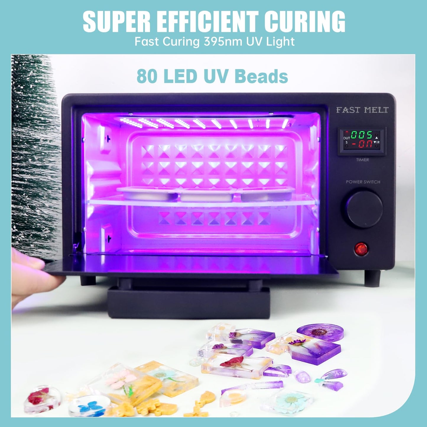 FAST MELT UV Resin Curing Box, 395nm UV Curing Light Station with 36 LED Beads, Auto UV Curing Resin Dryer Timer Setting Digital Display(S/M/H) wit Tray, UV Light for Craft|Jewelry Making|DIY Decor