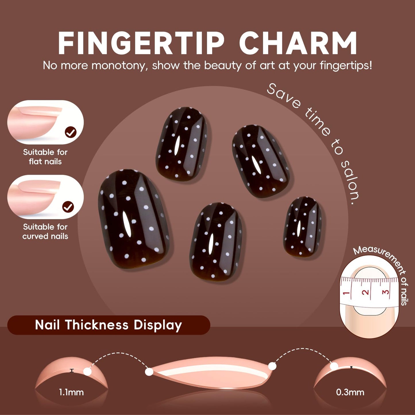 HOSAILY Dark Brown Red Polka Dot Press on Nails Short oval, 24pcs Glossy Fall Winter Glue on Nails, Stick on Nails Press ons for Women