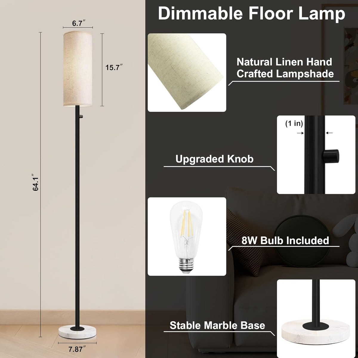 Floor Lamp for Living Room,Dimmable Floor Lamp with LED Bulb,Modern Standing Lamp with Marble Base,Tall Standing Lamps for Living Room,Bedroom,Office,Reading and Nursery(Black)