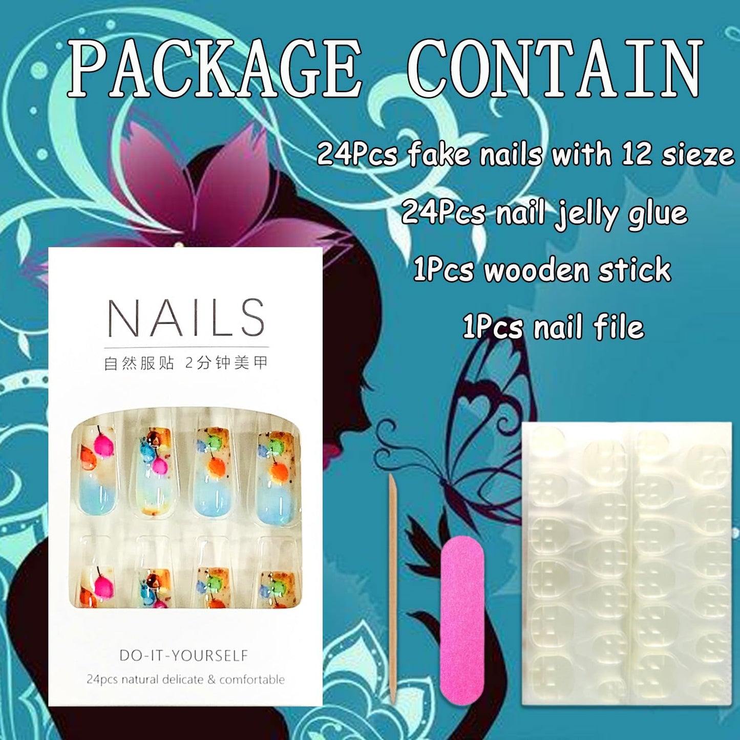 EYZOTSF Press on Nails Medium Square Shaped Acrylic Medium Square Shaped False Nails with Designs Artificial Short Coffin Fake Nails with Charms Glue ons Fingernails for Women Girls(FD040)