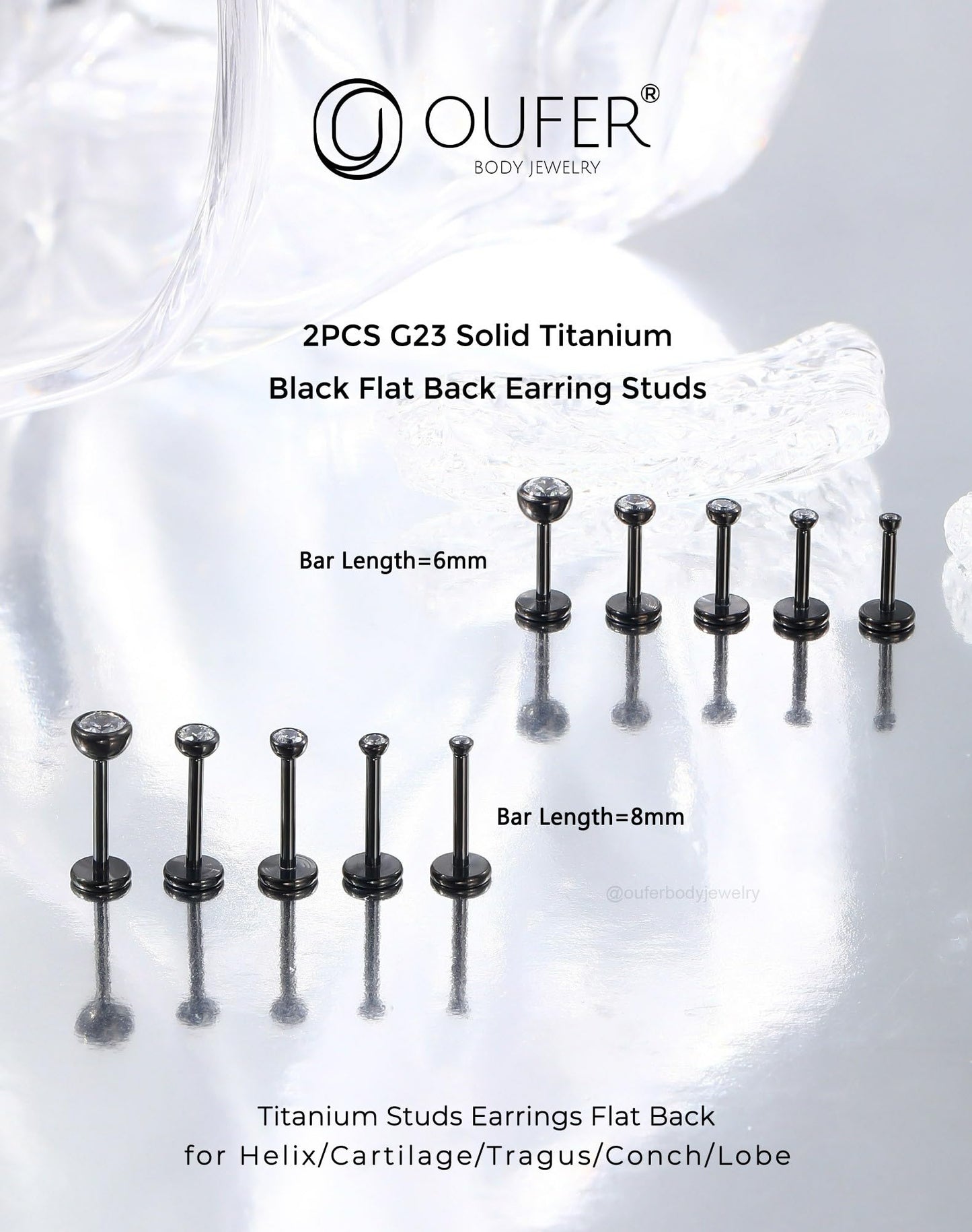 OUFER 2Pcs Nose Studs, 18G G23 Solid Titanium Threadless Nose Earrings Flat Back Tiny CZ 2MM Black Nose Helix Cartilage Piercing Jewelry for Women Men-6MM