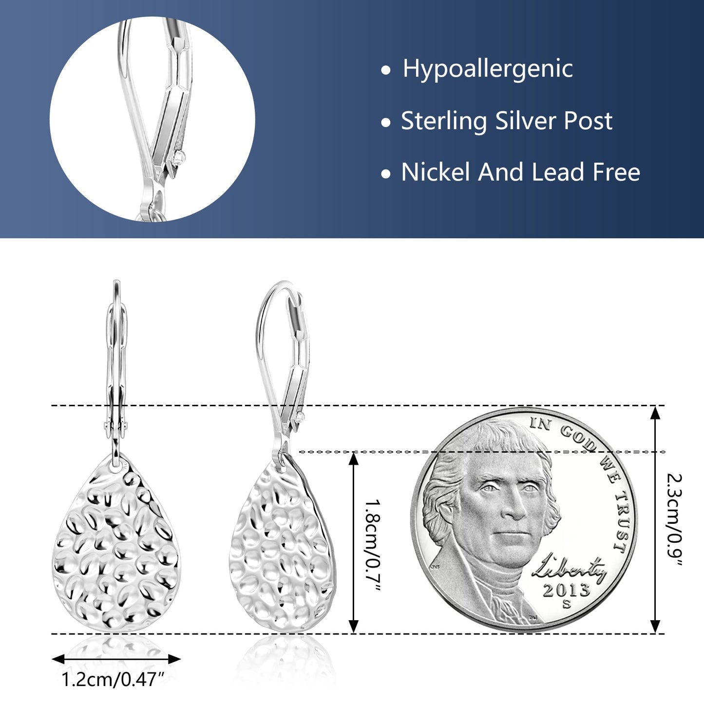 ALEXCRAFT Sterling Silver Teardrop Dangle Earrings for Women Hypoallergenic Silver Earrings Leverback Teardrop Dangling Earring Hammered Drop Dangle Earings for Women Jewelry Gifts