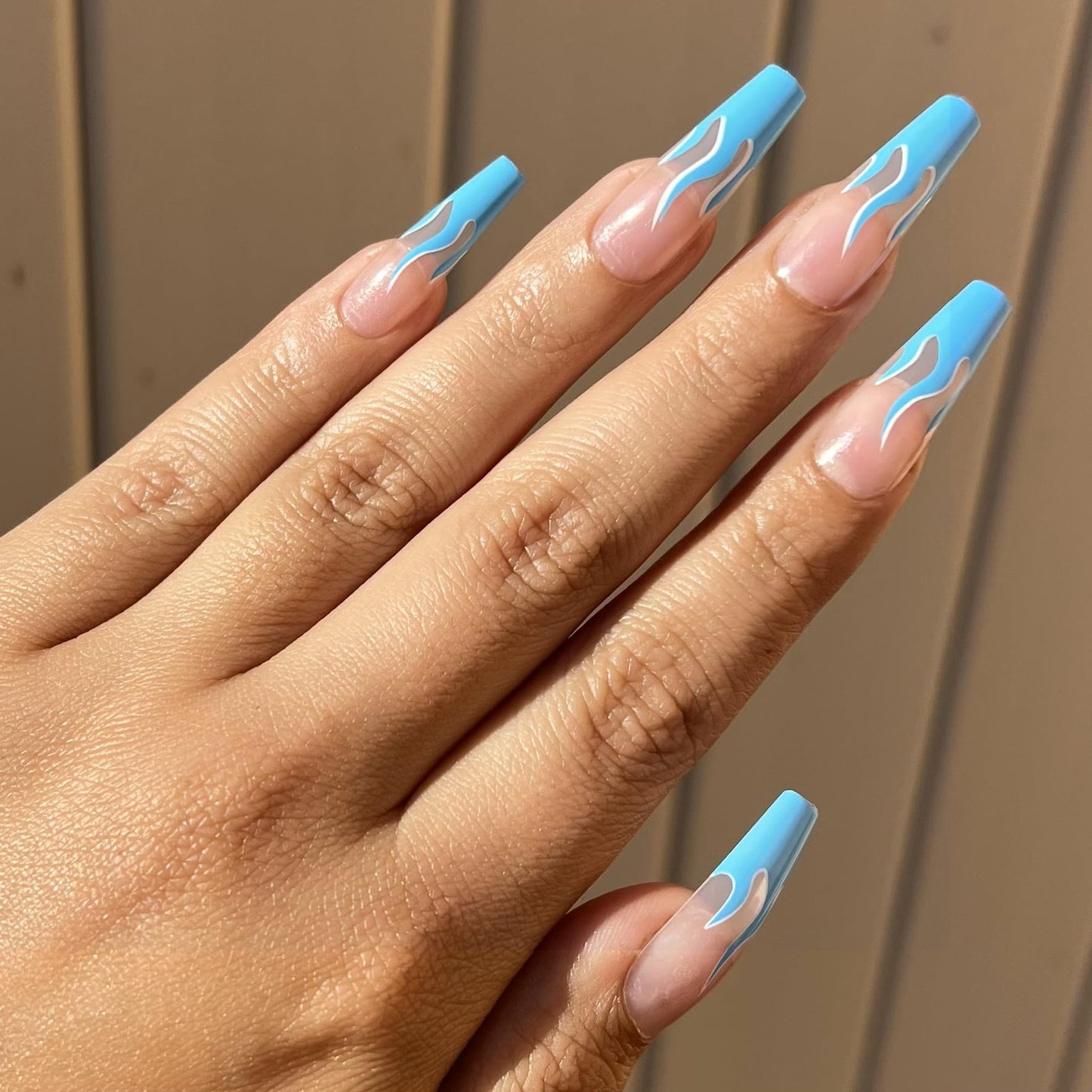 OCEAN FLAME Press-On Nails by Lavaa Beauty | Extra-Long Coffin | Blue Flame Tip Design