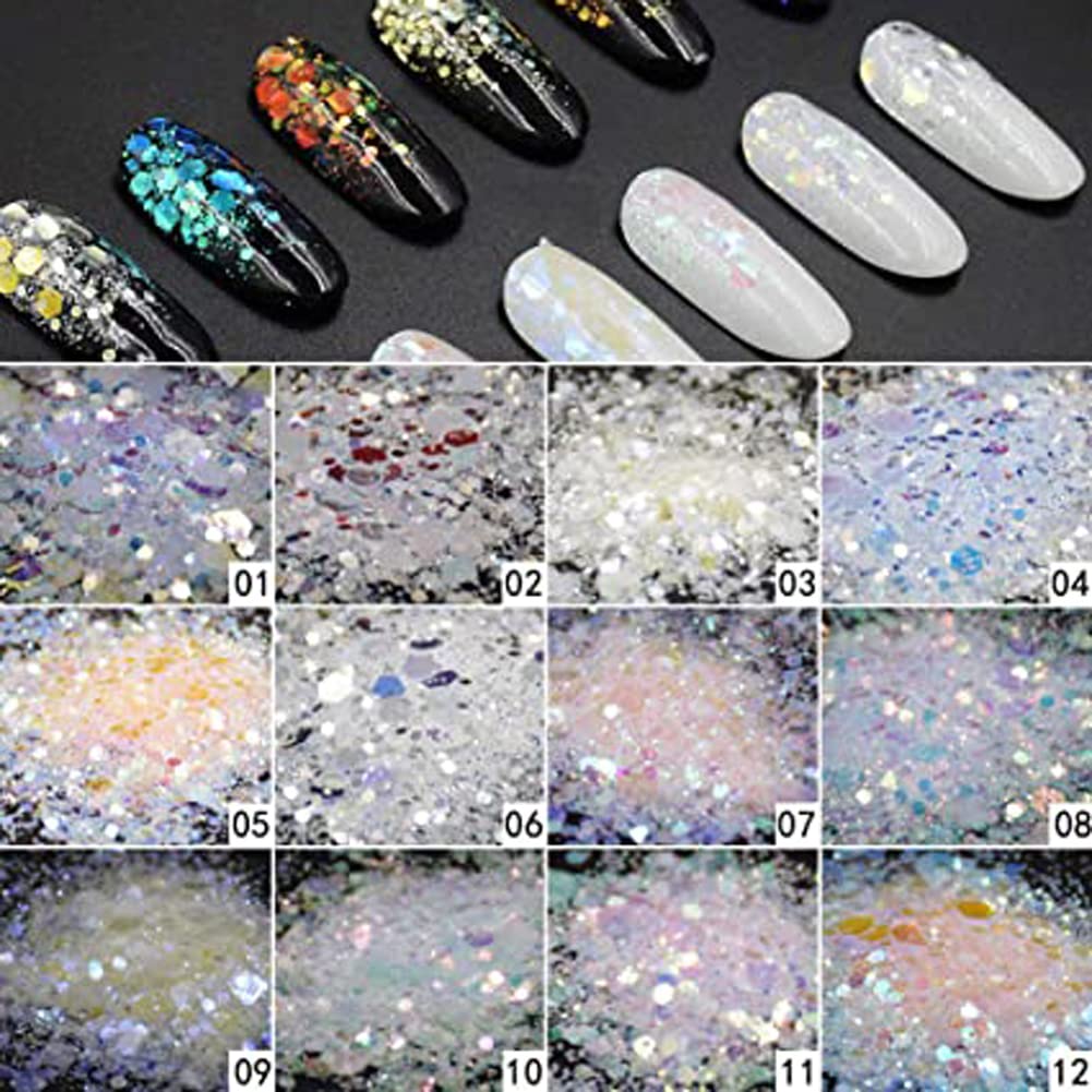 Mesiyun Nail Art DIY Sequins White Holographic Glitters Chunky Iridescent Flakes 3D Sticker for Face Eyes Body Hair Makeup Decoration 12Pots
