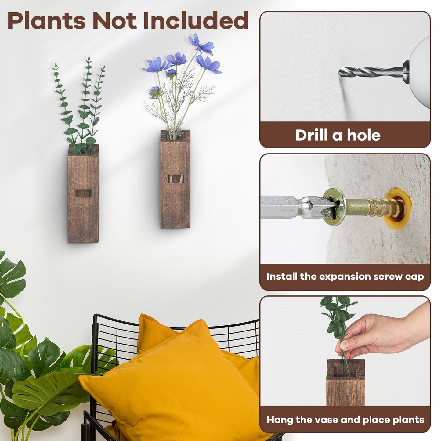 2 Pack Wood Wall Planter, Wall Decor Aesthetic for Living Room, Modern Farmhouse Entryway or Bathroom Decor, Unique Boho Vase for Holding Faux Greenery and Dried Flowers
