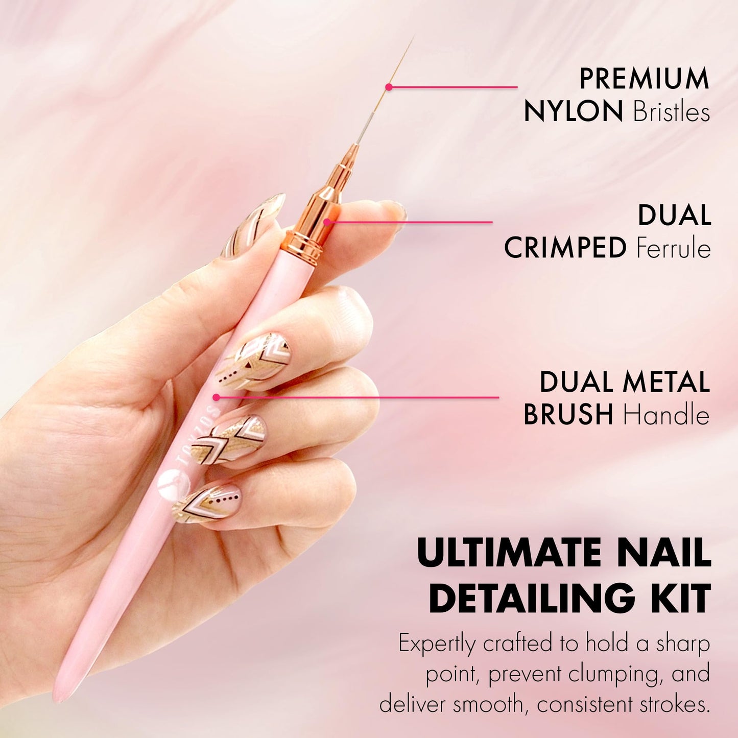 TOYZOS Thin Nail Art Brush Set - Professional Detailing Liner Brushes with Rose Gold Accents for Intricate Nail Art Designs, Pink Handles, Precision Tips & Long-Lasting Bristles (5 Different Sizes)