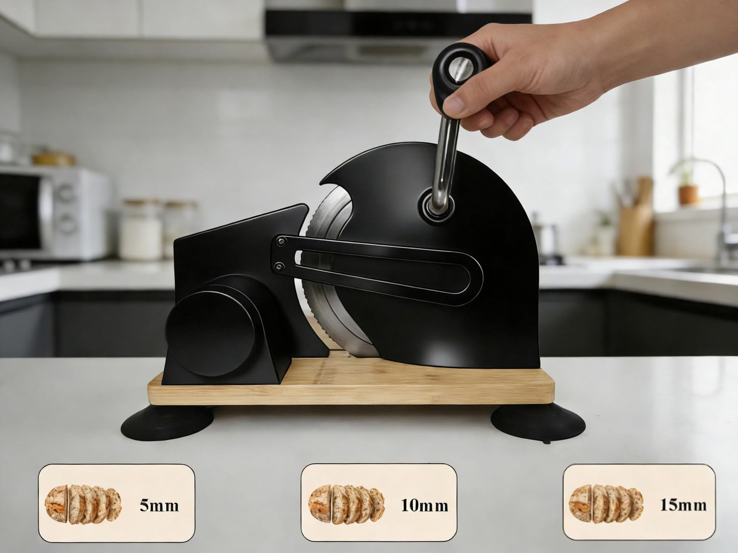 Sourdough Bread Slicer Machine Adjustable Thickness Stainless Steel Blade Bread Sourdough Cutter with 6 Large Suction Cups Foldable Compact Design Non-Slip Base for Homemade Bread Slicing (Black)