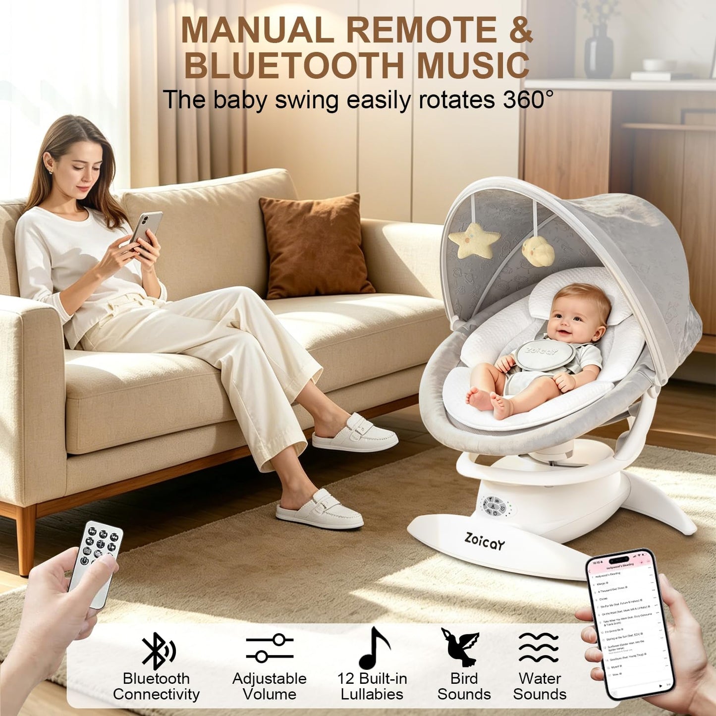3-in-1 Baby Swing for Infants with Motion Detection, Infant Swing with 5 Speeds & 3 Swing Modes, 12 Lullabies, Electric Swing for Baby, Up to 25 lbs, White