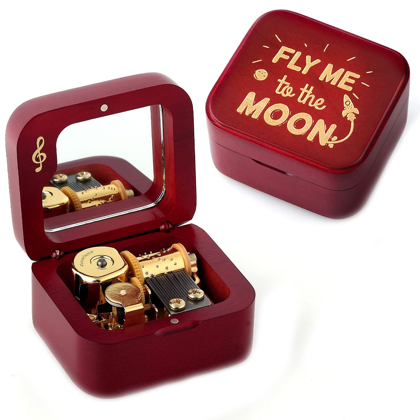 JYmusic Natural Solid Wood Clockwork Square Note Octave Box with Pause and Play Function, Gift for Birthday/Mother's Day/Children's Day/Valentine's Day/Christmas, Wine-red.