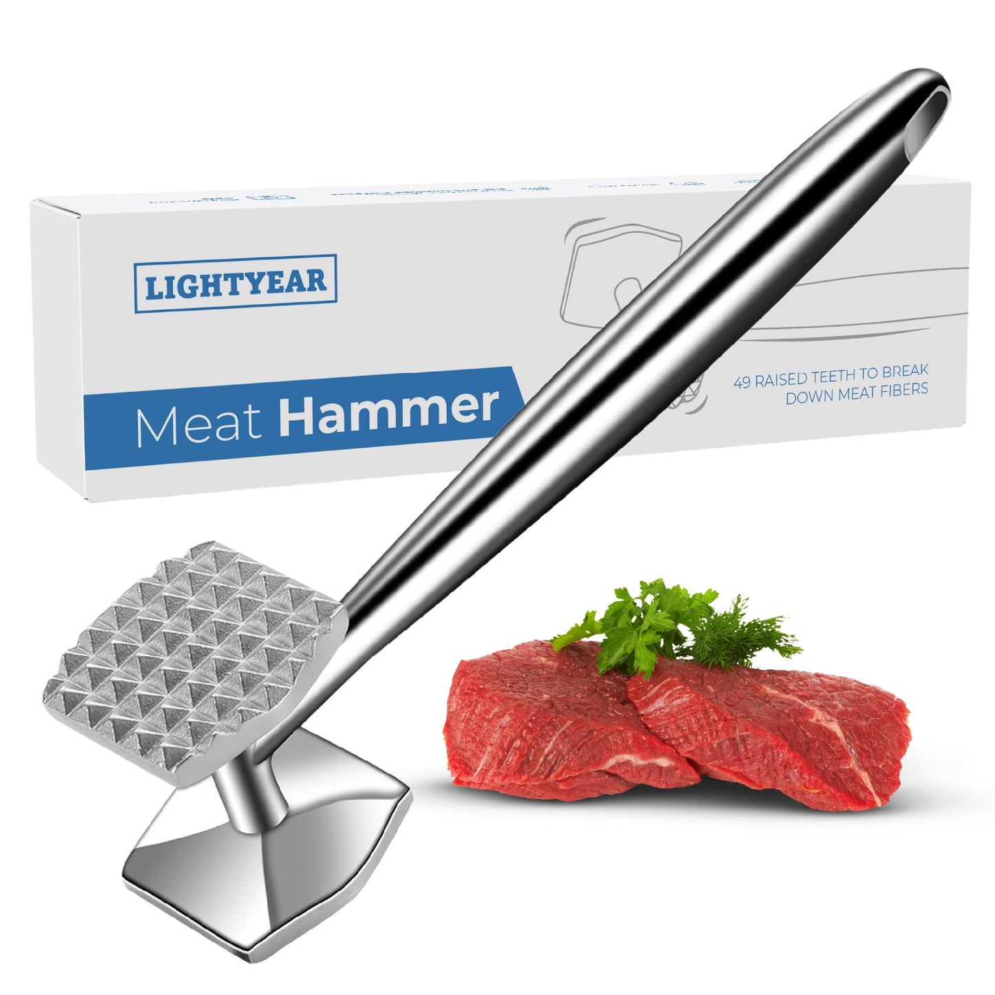 Lightyear Meat Hammer 304 Stainless Steel Meat Tenderizer Tool, Kitchen Mallet for Cooking, Ice Cracking, Shellfish Prep, Crush Spices and Nuts with Ease - All Metal Food Hammer for Daily Use