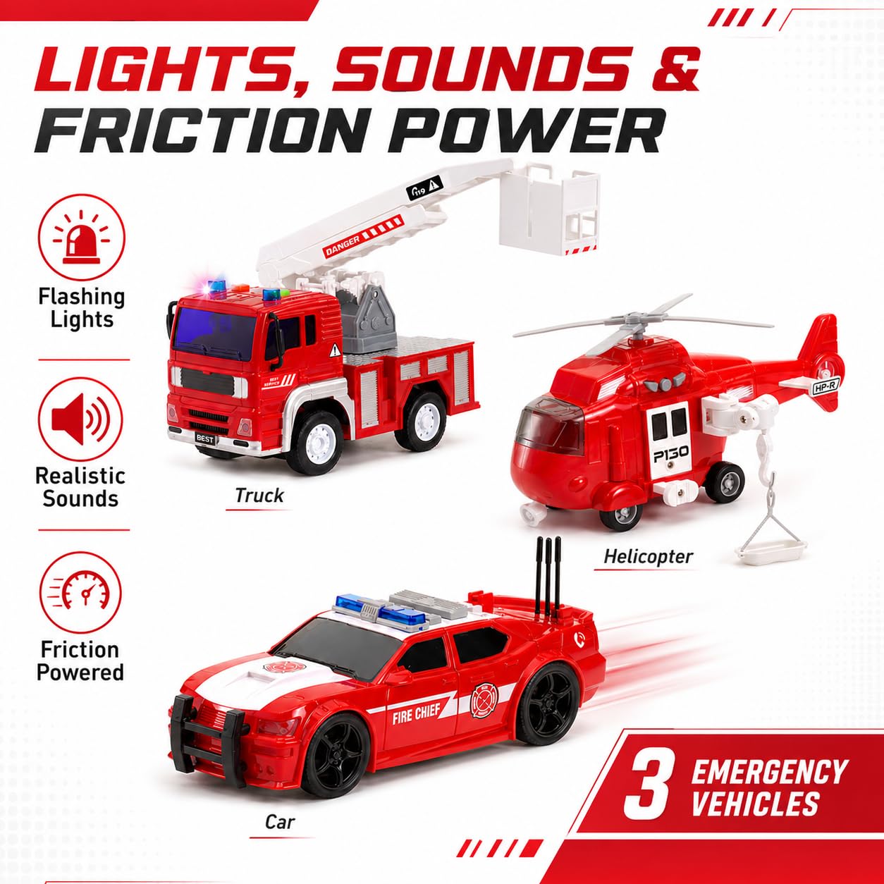 Friction Powered Fire Rescue Toy Set – 1:20 Scale Fire Truck, Helicopter & 2 Firefighter Action Figures with Lights & Sounds – Educational Emergency Vehicle Playset for Kids Ages 3+