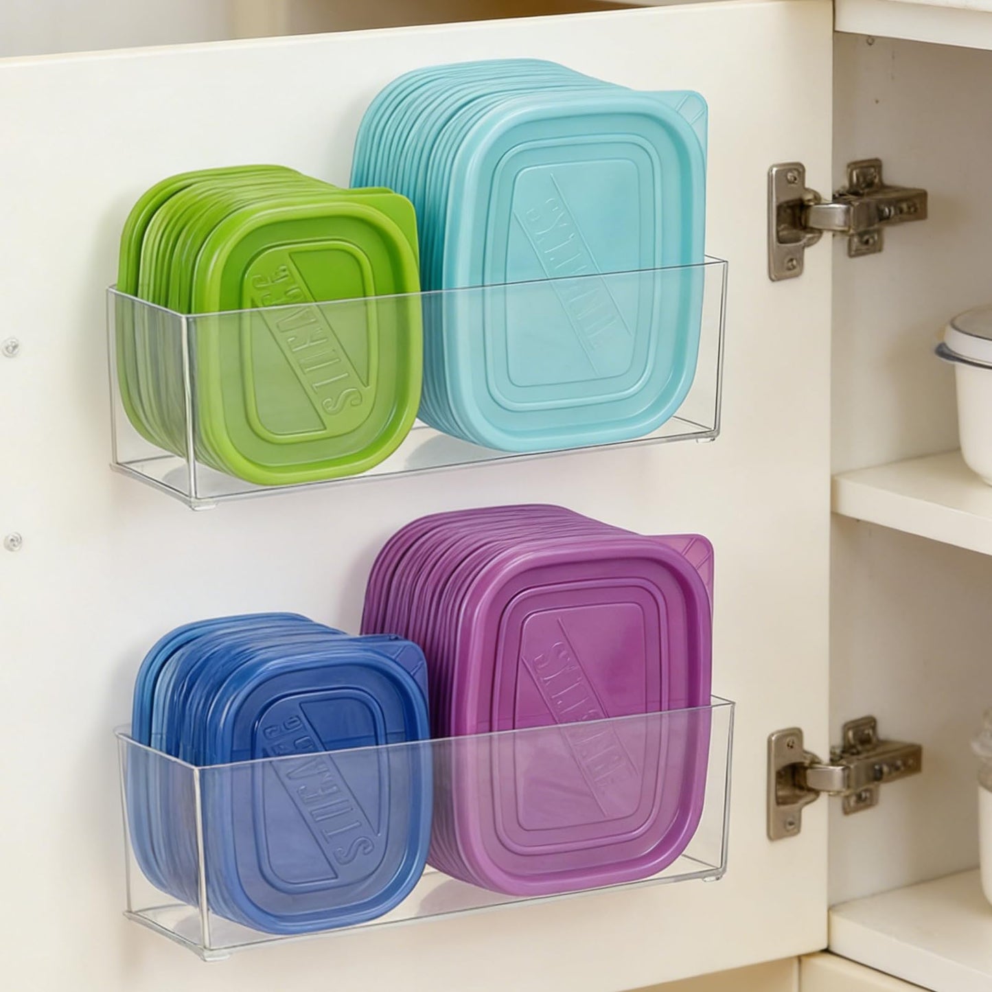Rainmae 2 Pack Kitchen Cabinet Door Organizer, Lid Organizer Inside Cabinet Wall Mounted Plastic Storage Box Stackable Under Sink Lunchbox Lid Container for Kitchen Bathroom Office Organization